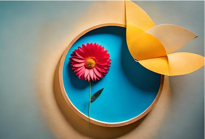 Pink flower in blue circle with orange elements in grey background