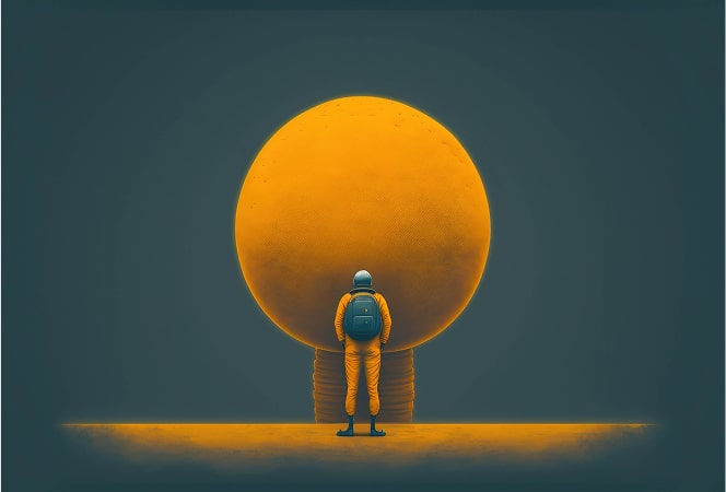 Person in orange overall with grey backpack staying close to orange round in dark grey background