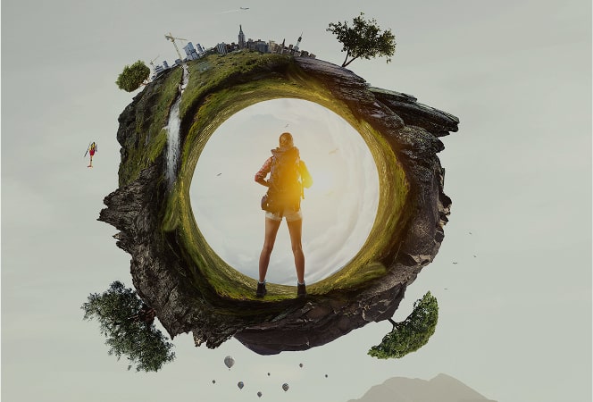 Traveller near sun in abstract round nature landscape