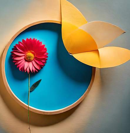 Pink flower in blue circle with orange elements in grey background