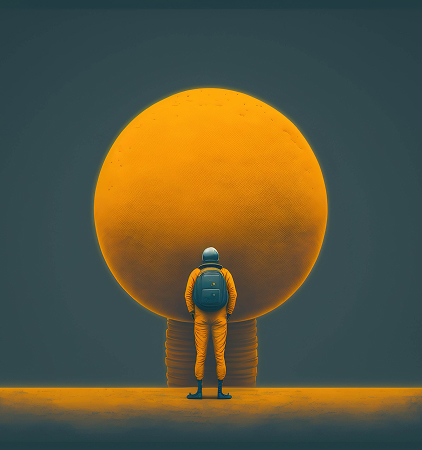 Person in orange overall with grey backpack staying close to orange round in dark grey background