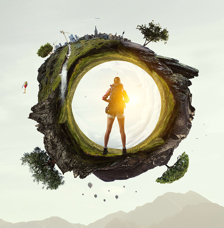 Traveller near sun in abstract round nature landscape